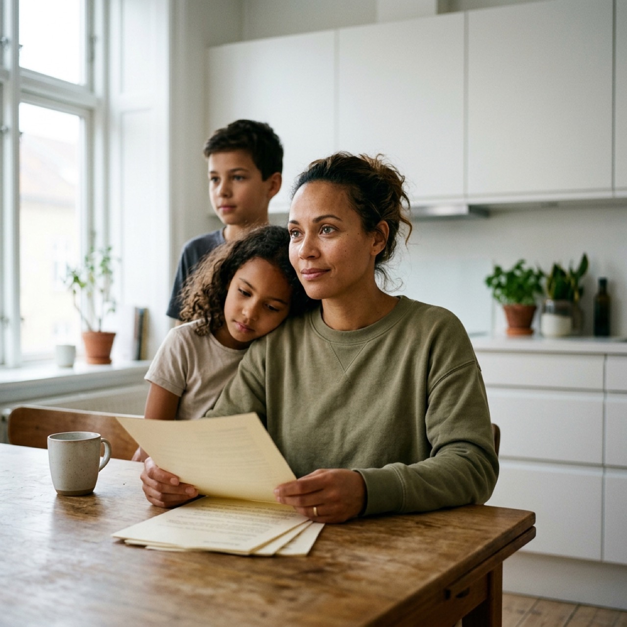Mother with two children reviewing medical documents